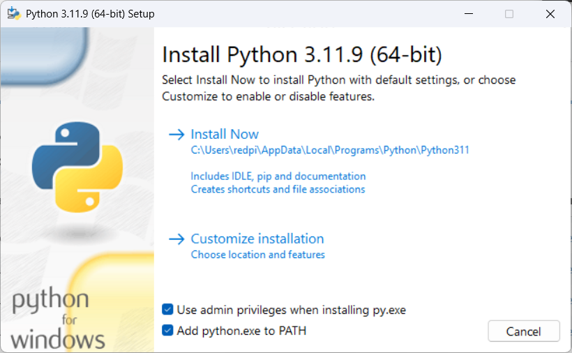 initial python installer window